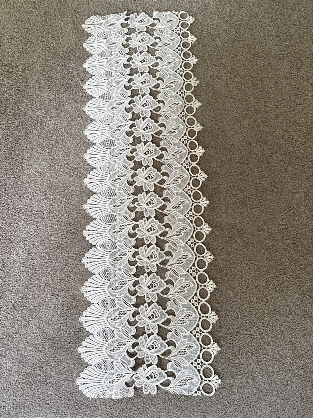 Ivory Guipure Lace Table Runner Floral Scalloped 47” x 15” Dresser Boho Vtg